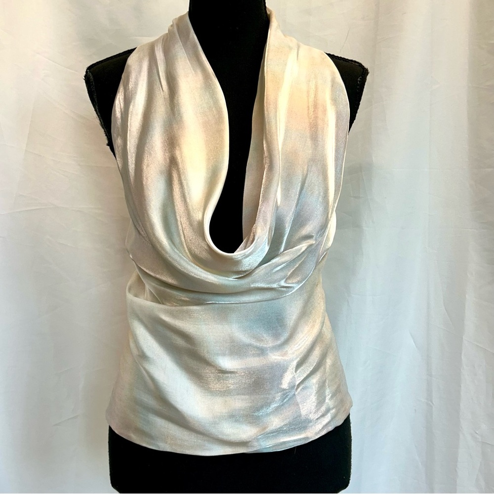 Zara ivory pearlescent ombre satin open back draped Cowl neck halter top Sz XL - Picture 5 of 11
